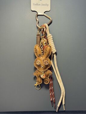 Brown Floral Print Bunny Keychain Bag Charm Gold Dollar Sign Accents NWT